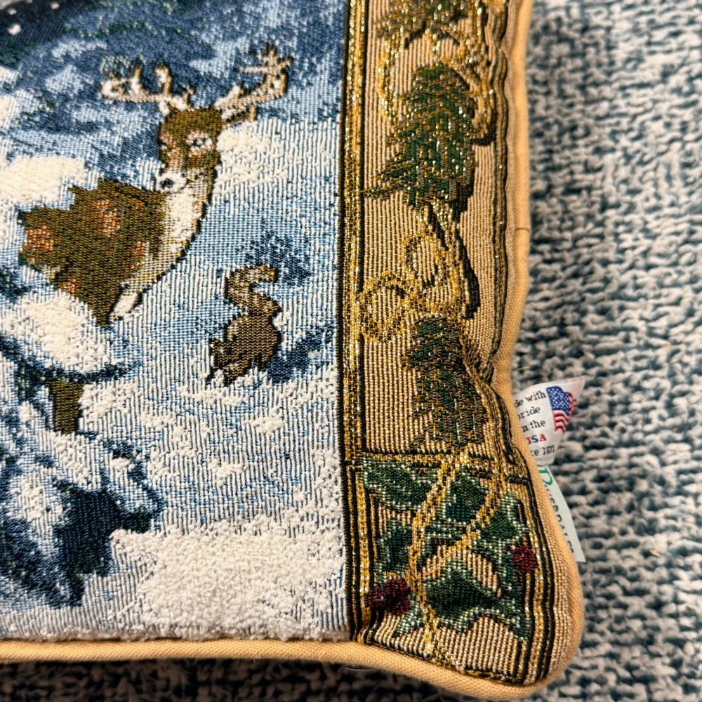 Riverdale Woven Tapestry Winter Forest Deer Rabbit Accent Pillow Made in USA